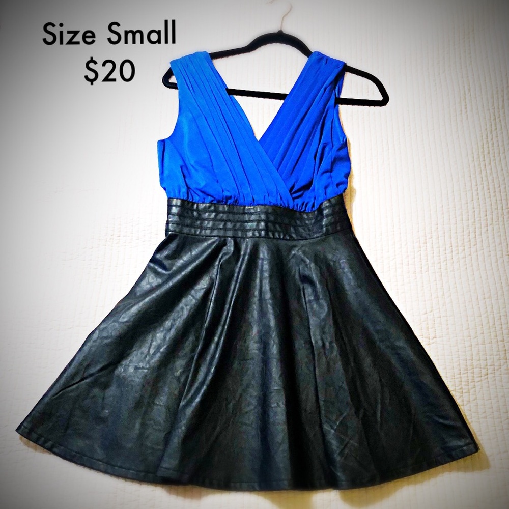 Blue with Black Faux Leather Dress